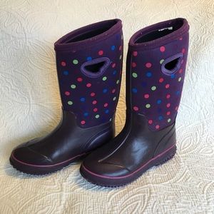 Girls purple size 1 rain boots with polka dots
